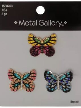 New 3 Metal Gallery Multicolor Butterfly Brooch Set - 3pc